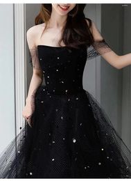 Party Dresses Black Simple Cocktail Dress Tulle Sequin Strapless Off Shoulder Backless Light Luxury Knee Length Formal Toast Summer Gown