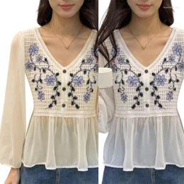 Women's Blouses Women Crochet Flower Ruffle Peplums Top Puff Sleeve Button V-Neck Shirt