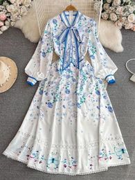 Casual Dresses 2024 French Chic Hydrangea Flower Dress Women's Bow Collar Long Sleeve Elegant Lace Trims Floral Print A Line Midi Vestidos