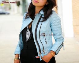 Blue Lozenge Leather Jacket for Women Rivet Punk Moto Coat Faux Jacket jaquetas couro Casaco chaqueta cuerina mujer1806875