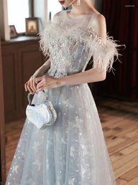 Party Dresses Vintage Grey Blue Cocktail Illusion O-neck Feather Applique Lace Glitter Performance Floor-Length Quinceanera Gown