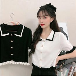 Women's Polos Summer 2024 Doll Collar Short-Sleeved Knit Sweater For Women Outside With Hit Color Pearl Short Cardigan Top