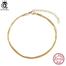 ORSA JEWELS 925 Sterling Silver Three Layer Snake Chain Anklet for Women Adjustable Simple Foot Ankle Straps Summer Jewellery SA76 240522