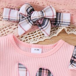 Clothing Sets Baby Girls Easter Outfit Short Sleeve Romper With Belted Plaid Skirt Headband Summer