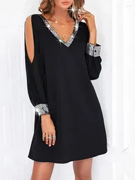 Casual Dresses Women Sexy V-neck Sequins Hollow Out Party Mini Dress Fall Ladies Elegant Loose Black Gorgeous Evening Vestidos