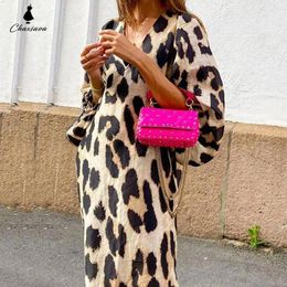 Casual Dresses V-neck Loose Lantern Sleeve Leopard Print Dress Party Female Side Split Hem Women 3/4 Elegant