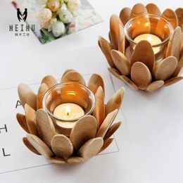 Candle Holders Wooden Candlestick Lotus Petal Glass Cup Holder Wedding Table Decor Stand Aesthetic Home