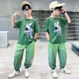 Summer 2023 New Cotton Fashion Sports Suits Astronaut Rabbit Print Shorts Sleeve Sets 5-14Years Boys Streetwear Outfits Set F240522