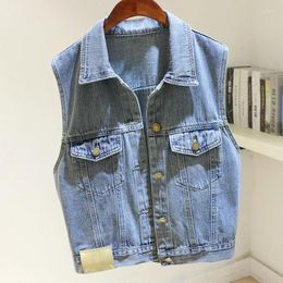 Women's Vests Vintage Light Blue Denim Vest Women Loose Short Big Pocket Cowboy Waistcoat Spring Autumn Casual Sleeveless Jeans Jackets