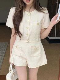 Womens Tracksuits 2 Piece Suit Womens Elegant Tweed Short Sleeve Crop Cardigan Tops And Shorts Outifits Femme Korean Fashion Matching Sets