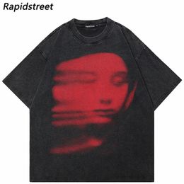 Vintage Oversized T Shirt Streetwear Red Face Shadow Graphic Retro Tshirt 2024 Hip Hop Cotton Harajuku T-Shirt Washed Black Y2K 240521