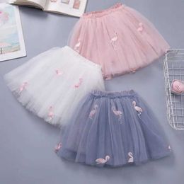 Skirts Summer Kid Girl Skirts White Pink Grey Grus Japonensis Embroidery Ballet TUTU Skirt for 3-8 Year Child Birthday Clothes Y240522