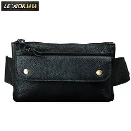 Waist Bags Original Leather Men Casual Fashion Travel Belt Bag Chest Sling Black Design Bum Phone Cigarette Case Pouch Male 8136b