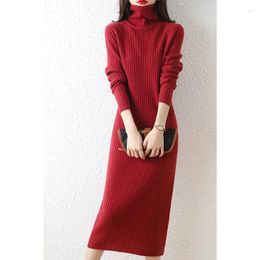 Casual Dresses Extra-Long Knee-Length Fleece Collar Wool Knit Autumn And Winter Women'S Solid Color Slim Underwear Sweater Dress
