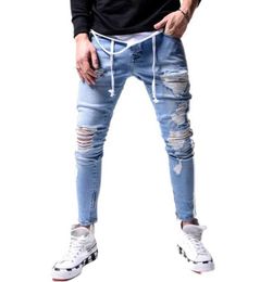Blue Grey Tight Ripped Jeans Men Slim Foot Zipper Side Stripe Denim Male Stretchy LaceUp Pencil Pants Street Knee Hole Trousers X9886017