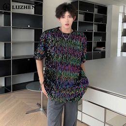 Men's T-Shirts LUZHEN Colourful Sequins Design Personalised Trendy Short sleeved T-shirt Summer New Fashion Street Mens Top LZ2970 Q240521