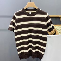 Summer Mens Clothing Leisure Light Luxury Knit O Neck T Shirt Korean Striped Short Sleeve Retro Breathable Fashion Knitwear 240516