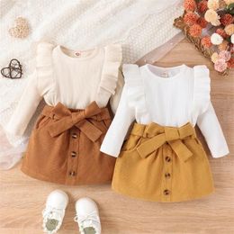Clothing Sets 1-4years Girls Spring Autumn 2 Piece Outfits Long Sleeve Ruffle Ribbed Tops Solid Color Button Skirt Set