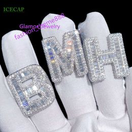 Custom Moissanite Ring 925 Silver Men Full Baguette Cut Moissanite Letter Ring Single Letter Ring for Hip Hop Jewellery