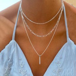 Chains Vintage Silver Color Geometric Pendant Neacklace For Women Girl Elegant Multi-layered Cable Clavicular Chain Fashion Jewelry