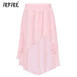 Skirts Toddler Girls High-Low Elastic Waistband Chiffon Skirt Dancewear Knee Length Ballet Jazz Dance Studio Practice Stage Performance Y240522