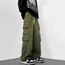 Men's Pants 2024 Mens Outdoor Multi Pocket Cargo Pants Spring Leisure Drawstring Bag Wide Leg Trousers Hip Hop Fashion Pantalones Y240522