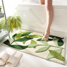 Carpets Green Leaves Flocking Bath Mat Non-slip Absorbent Microfiber Bathroom Rug Home Entrance Door Super Soft Carpet