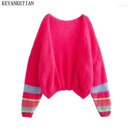 Women's Knits KEYANKETIAN Launch Sweet Colourful Tie-Dye Striped Lantern Sleeve Coarse Yarn Knit Cardigans Crop Sweater Outerwear
