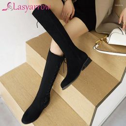 Boots Lasyarrow Side Zipper Women Knee High 2024 Autumn Winter Est Flock Shoes Woman Party Working Retro Size 32-48