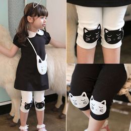 2024 Hot Summer 2-10 Years Old Baby Kids Children White Black Green Cat Print Basic Capri Thin Little Girls Knee Length Leggings L2405