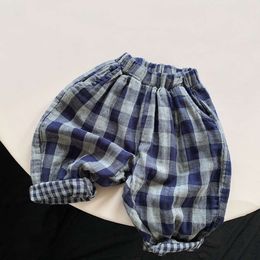 Children's Retro Blue Plaid Trousers 2024 Spring Autumn New Korean Boys And Girls Double-Layer Cotton Casual Harem Pants WTP121 L2405