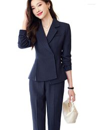 Women's Two Piece Pants Elegant Ladies Formal Pant Suit Women Grey Black Blue Striped Female Jacket Blazer And Trouser 2 Set For Autumn