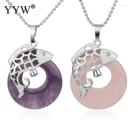 Pendant Necklaces YYW Natural Stone Hollow Circle Bead Fish Shaped Clip Donut Crystal Quartz Healing Pendants Necklace For Women Men Gift