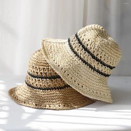 Berets 2024 Womens Straw Hats Crochet Hat Bucket UV Protection Sun Visor Stripe Fisherman's Visors Ladies Women Summer Cap