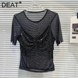 Women's T Shirts 2024 Summer Bead Fold Underwear Design Mesh Short Sleeved T-shirt For Women Stretch Casual O-neck Tops Female 11XX9316