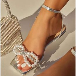 Women's Bow 2024 with Sandals Summer Pearl Flat Heels Elegant Rhinestone Party Ladies Shoes Plus Size 42 Sandalias 9e4