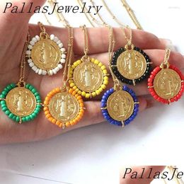 Pendant Necklaces 10Pcs Style Colorf Bead Relin Virn Mary Charms Necklace Personalized Gold Plated Brass Fashion Jewelry Drop Deliver Dhohi