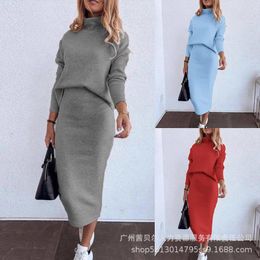 Work Dresses Sweatshirt & High Waist Skirt Set Two Piece Sets Women Dress Turtleneck Grey Y2k Tops Skirts Long Suits Autumn