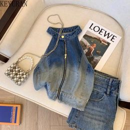 Women's Tanks Summer Vintage Backless Denim Vests Women Halter Collar Sleeveless Spliced Zipper Streetwear Off Shoulder Crop Tops Female