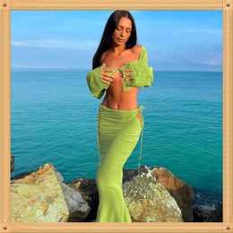 See Through Maxi Skirt 2 Pieces Sets Long Sleeve Cardigan Crop Top Bodycon Women Summer Dress