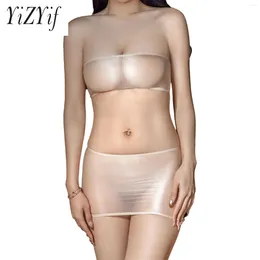 Bras Sets Women Sexy Lingerie Erotic Set See Through Sheer Porn Stretchy Bandeau Tube Top And Mini Skirt For Couple Game Night Club