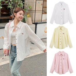 Women's Blouses Long Sleeves T-shirt Polyester Solid Color Buttoned Shirt Polo Collar Bow Embroidered