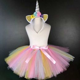 Skirts Girls Pastel Tutu Skirts Baby Ballet Tulle Pettiskirt with Ribbon Bow and Flower Headband Kids Party Costume Skirt Cloth Y240522