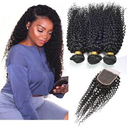 Mongolian Virgin Hair Extensions Bundles With 4X4 Lace Closure 4Pieces/lot Kinky Curly 8A Wholesale Human Hair Wefts With Closure Baby Hrek