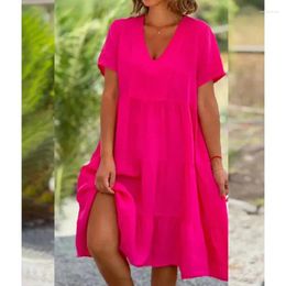 Party Dresses Loose Rose Red Pullover Mid-Length Dress 2024 Summer Women's Fresh And Sweet V-neck Solid Colour Large Swing Casual
