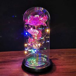 Decorative Objects Figurines Coloured Rose Artificial Flower LED Lamp Glass Cover Decoration Valentines Day Gift H240521 PU97