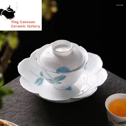 Teaware Sets Jade White Ceramic Dragonfly Hand-Painted Gaiwan Household Tea Set Chinese Bowl Anti-Scald With Lid