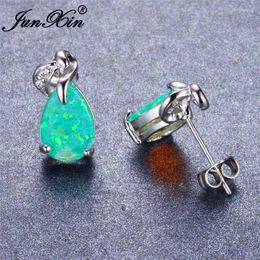 Stud Earrings JUNXIN Mysterious Water Drop Green Fire Opal For Women Silver Colour CZ Valentine's Day Gifts