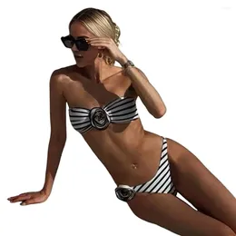 Women's Swimwear Bandeau Bra High Waist Briefs Set Stylish 3d Flower Bikini With Striped Print For Quick