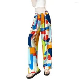 Women's Pants 2024 Summer Ice Silk Wide Leg Womens Thin High Waist Sagging Loose Straight Chiffon Printed Casual Boho Beach